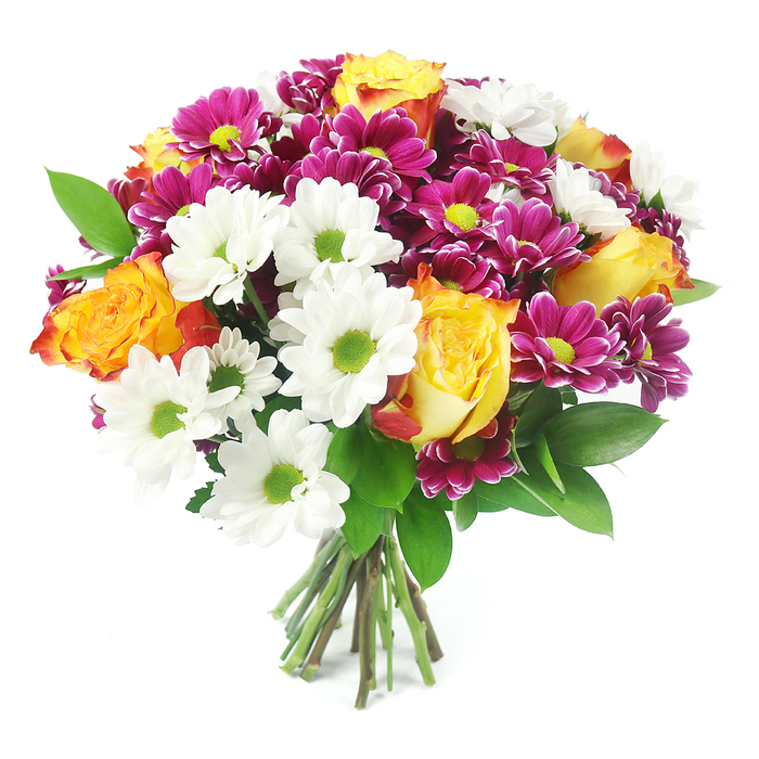A generous mixed bouquet fills the frame, photographed straight-on so every bloom seems to almost lean toward the viewer from a stark white backdrop. The composition is masterfully rounded, with no gaps, just a continuous dome of colour and texture. Dominating the design are opulent bi-colour roses, their petals unfurling in a smooth gradient from bright, sunlit yellow at the heart to deeper orange and hints of red around the outer edges, like a series of miniature sunsets captured in flower form. Encircling and weaving between these roses are numerous white daisy-like chrysanthemums, each with a crisp lime-green centre that brings an invigorating, almost zesty note to the palette. Scattered more densely through the middle and sides, magenta and fuchsia chrysanthemums create pools of intense colour, their many-layered petals offering a plush, cushiony look, while their yellow-green cores quietly echo the daisies and tie the arrangement together. Dark, glossy foliage peeks from behind the blooms, the leaves slightly curved and robust, giving depth, structure, and a sense of natural movement. At the bottom of the image, a neat clutch of stems, in shades of green and light brown, is clearly visible, firmly bound and freshly cut, ready to be placed in water. The whole bouquet radiates joy and celebration, the kind of hand-crafted arrangement you might order for a birthday gathering near Honor Oak Park, a housewarming close to Forest Hill Road, or a thank-you gift for a neighbour off Stondon Park. It carries the feeling of a bright, uplifting moment, perfect for bringing colour and cheer into a home or office in Honor Oak.
